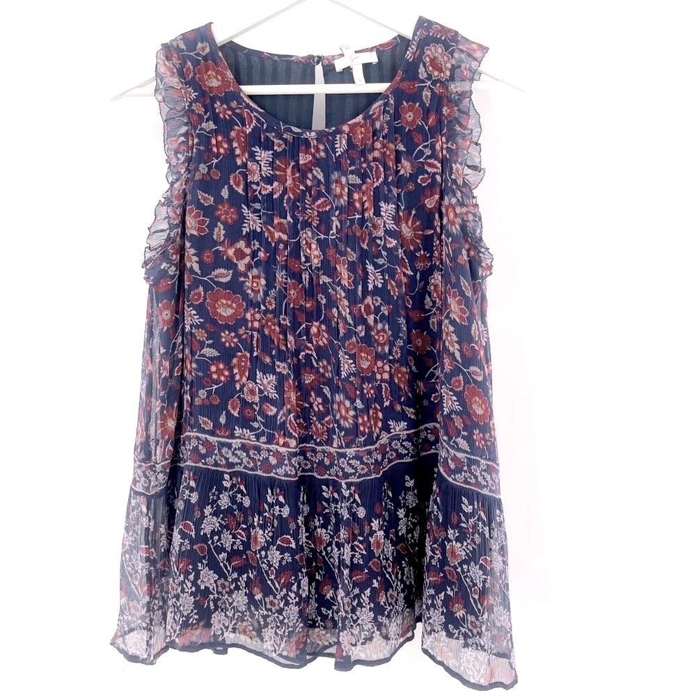 Joie 100% Silk Top Floral Print Crinkle Chiffon Pleated & Ruffled Top Size Small